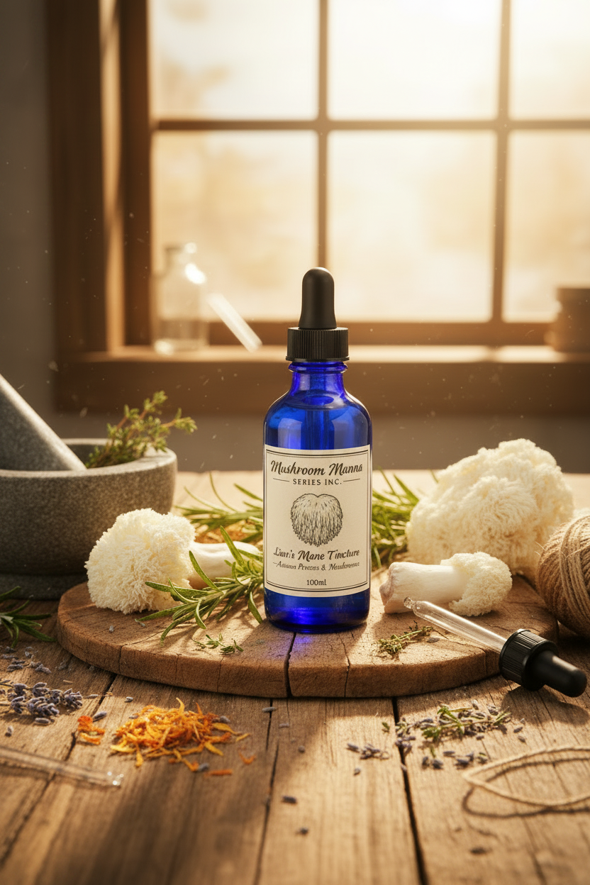 Lion's Mane Tincture – cobalt blue bottle with dropper lid, apothecary scene