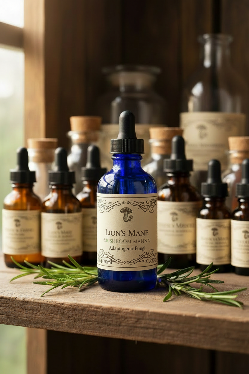 100ml cobalt blue lion's mane tincture bottle on a wooden shelf with rosemary sprigs, labelled Adaptogenic Fungi